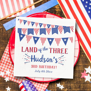 Land Of The Three! 4th Of July 3rd Birthday Party Napkins