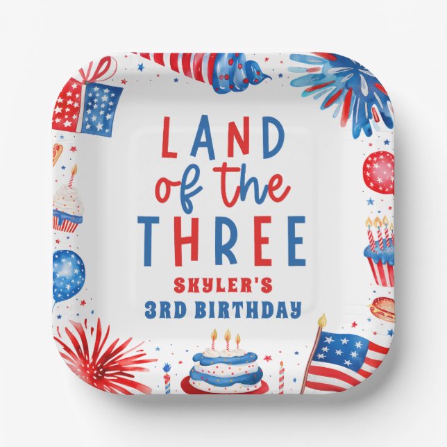 Land Of The Three 4th of July 3rd Birthday Party Paper Plates (Front)