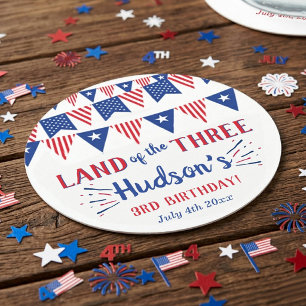 Land Of The Three! 4th Of July 3rd Birthday Party Round Paper Coaster