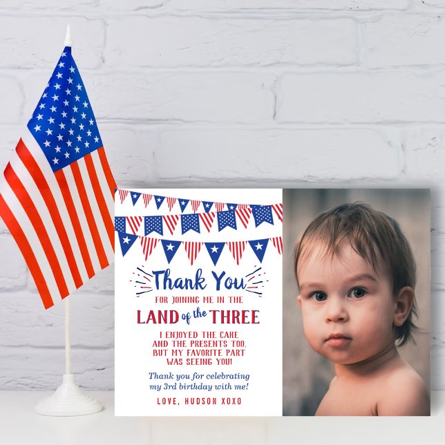 Land Of The Three Of July 3rd Birthday Photo Thank You Card (Creator Uploaded)