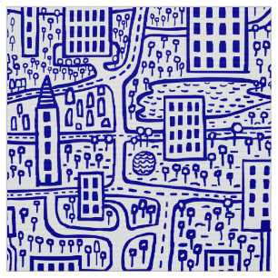 Land of Towers - Navy Blue on White Fabric