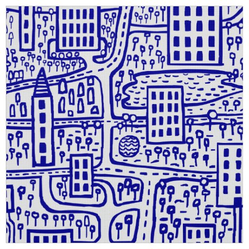 Land of Towers - Navy Blue on White Fabric