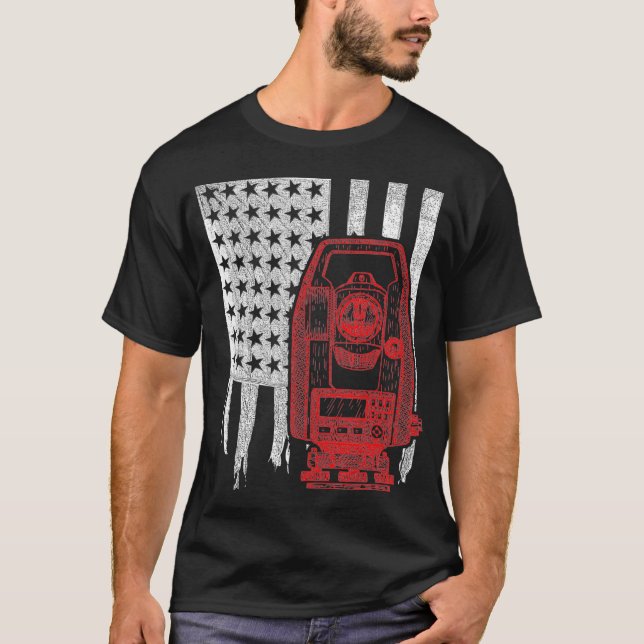 Land Surveyor Engineer Tripod Patriotic American T-Shirt (Front)