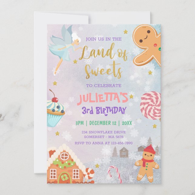 Land Sweet Sugar Plum Fairy Gingerbread Birthday Invitation (Front)