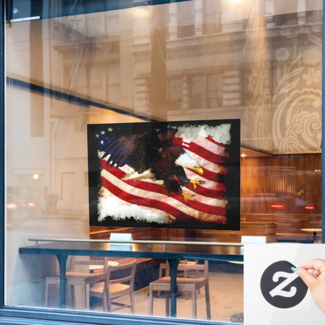 Landing Bald Eagles & U.S. Flag Patriotic Window Cling (Cafe Window)
