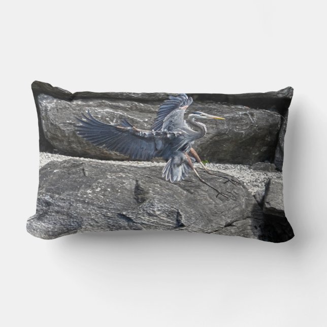 Landing Great Blue Heron Wildlife Birdlover Photo Lumbar Pillow (Front)