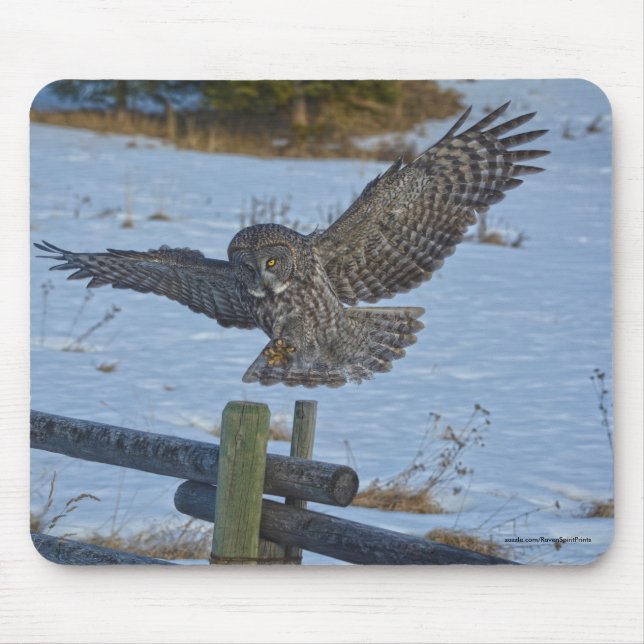 Landing Great Gray Owl and Snow Wildlife Raptor Mouse Pad (Front)