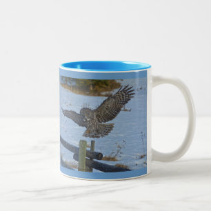 Landing Great Gray Owl and Snow Wildlife Raptor Two-Tone Coffee Mug