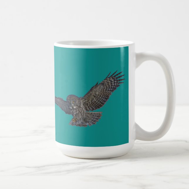 Landing Great Grey Owl & Blue Sky Wildlife Raptor Coffee Mug (Right)