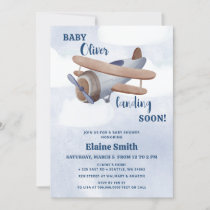 Landing Soon Blue Boy Airplane Baby Shower Invitation