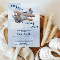 Landing Soon Blue Boy Airplane Baby Shower Invitation