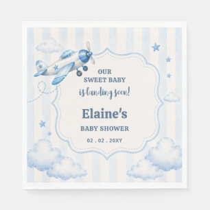 Landing Soon Blue Boy Airplane Baby Shower Napkins