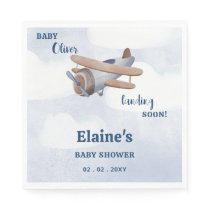 Landing Soon Blue Boy Airplane Baby Shower Napkins