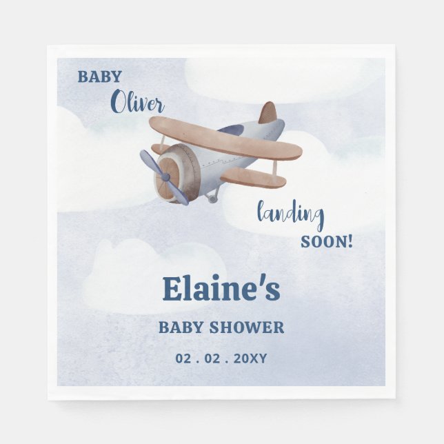 Landing Soon Blue Boy Airplane Baby Shower Napkins (Front)