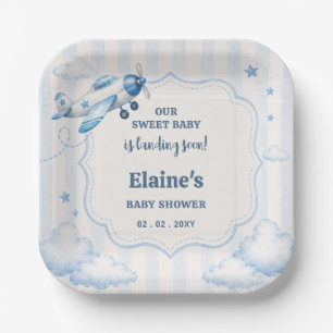 Landing Soon Blue Boy Airplane Baby Shower Paper Plates