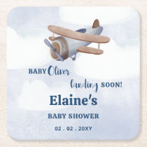 Landing Soon Blue Boy Airplane Baby Shower Square Paper Coaster