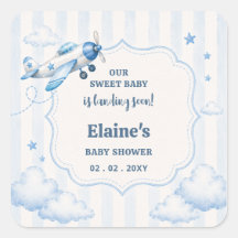Landing Soon Blue Boy Airplane Baby Shower