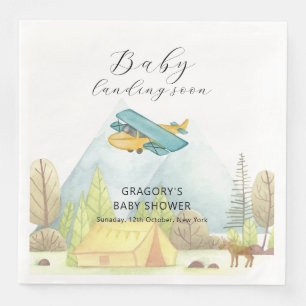 Landing Soon Vintage Airplane Forest Baby Shower Paper Dinner Napkins