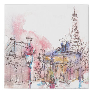 Landmark of Paris with watercolor in a rainy day - Faux Canvas Print