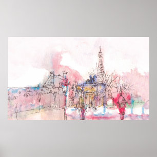 Landmark of Paris with watercolor in a rainy day - Poster