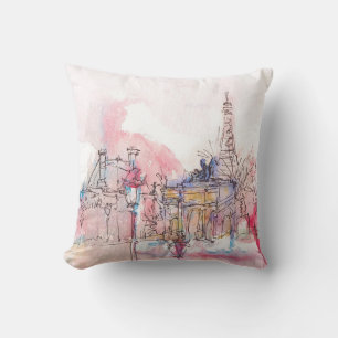Landmark of Paris with watercolor in a rainy day - Throw Pillow
