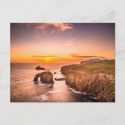 Lands End Sunset Enys Dodnan Armed Knight Cornwall Postcard