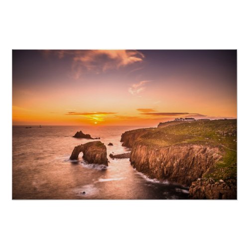 Lands End Sunset Enys Dodnan Armed Knight Cornwall Poster
