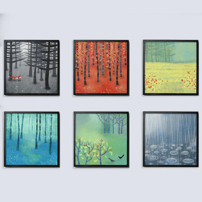 Six photo tiles with black frames displayed on a light grey wall. 
