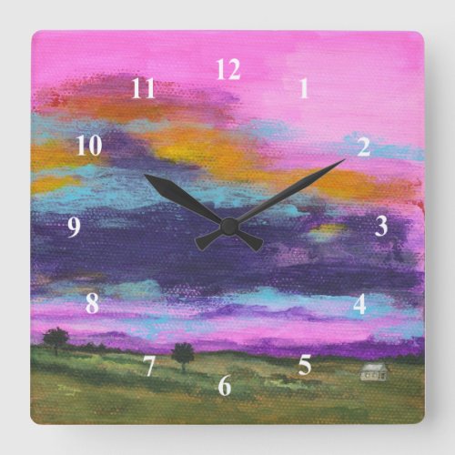 Landscape Art Painting Pink Sunset Tiny Farm House Square Wall Clock