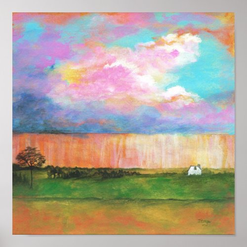 Landscape Art Painting Rainstorm Tiny Farm House Poster