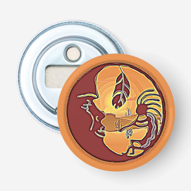Landscape Button - Kokopelli Moon Feather 1 Bottle Opener (Front)