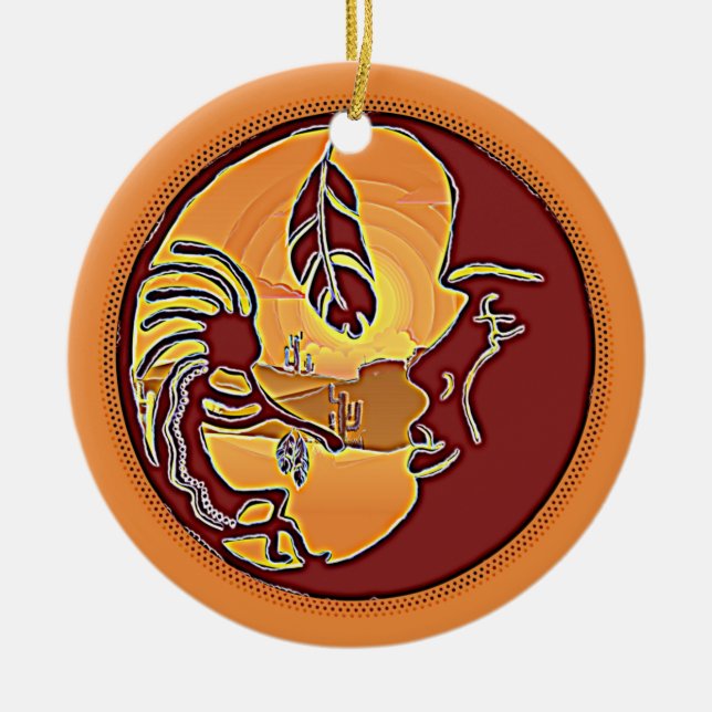 Landscape Button - Kokopelli Moon Feather 1 Ceramic Ornament (Front)