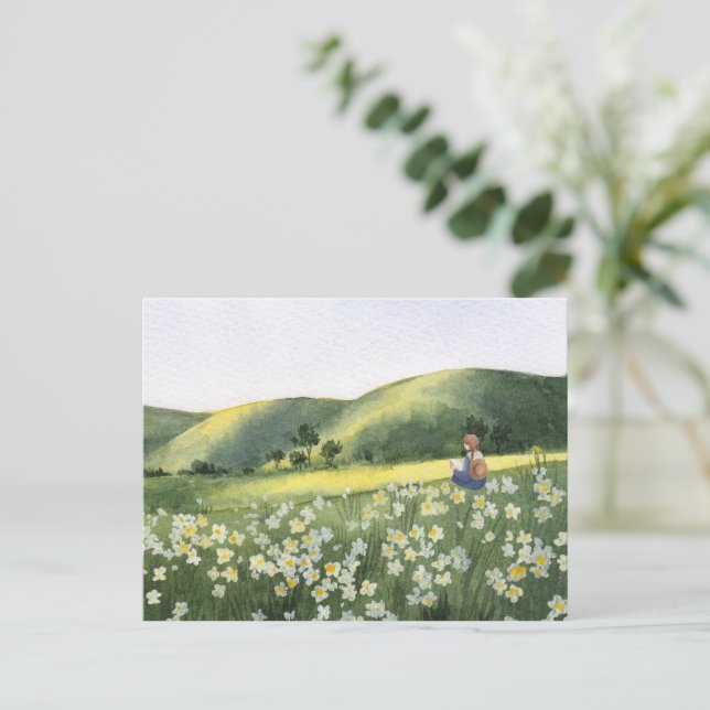Landscape floral outdoors girl reading a book postcard (Standing Front)