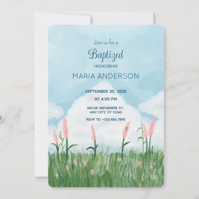 Landscape green field blue sky Baptized Invitation (Front)