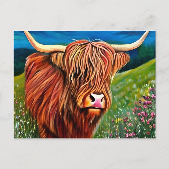 Landscape Highland Cow Painting Postcard (Front)