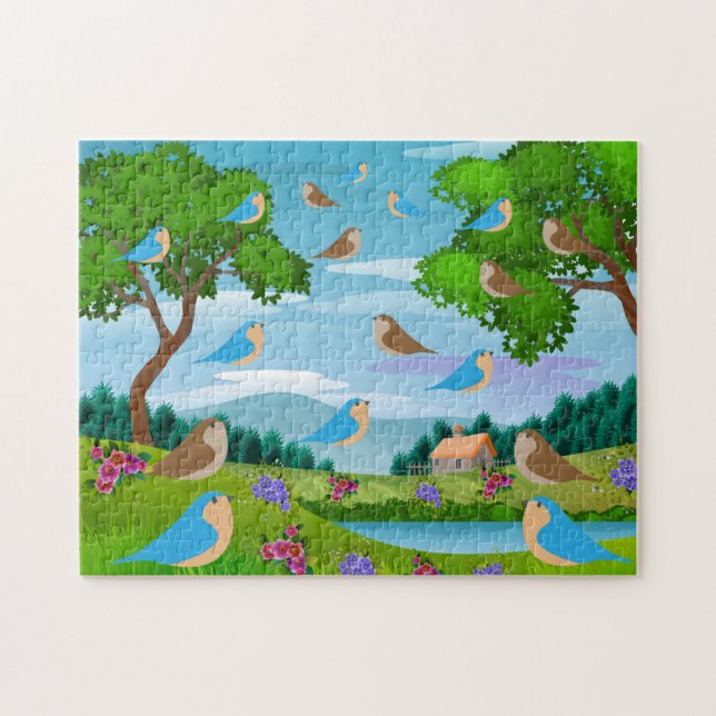 Landscape House Trees Birds Flowers Nature, Age 8 Jigsaw Puzzle (Horizontal)
