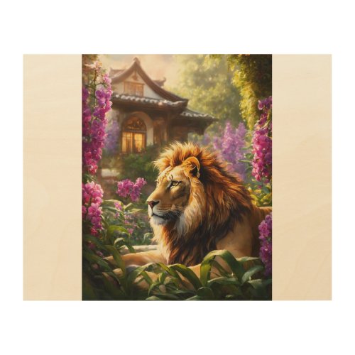 Landscape image view of a Lion standing Wood Wall Art