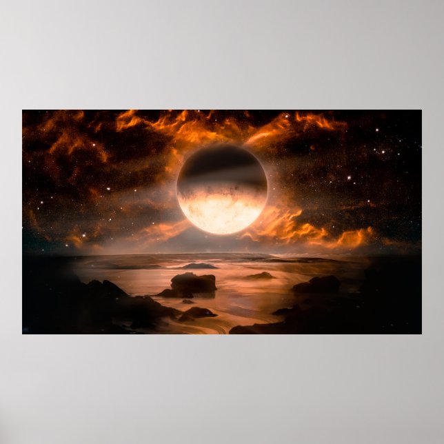 Landscape in fantasy alien planet with flaming moo poster (Front)