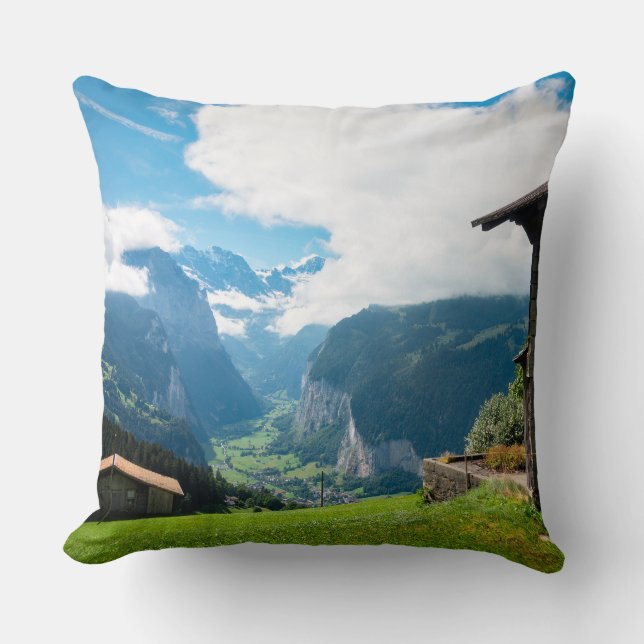 Landscape in Lauterbrunnen valley in Switzerland Throw Pillow (Front)