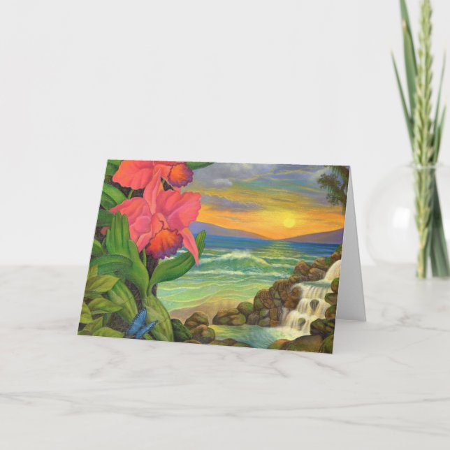 Landscape Ocean Orchids Surrealism Painting Blank Card (Front)