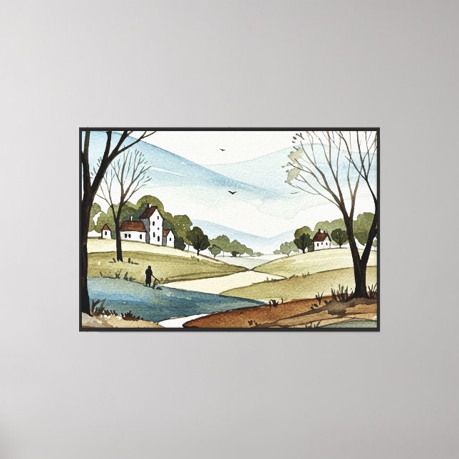 landscape of hills with small houses canvas print (Front)