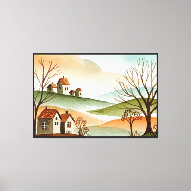 landscape of hills with small houses canvas print (Front)