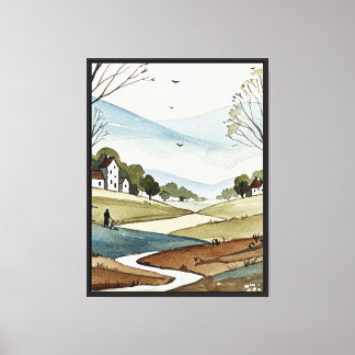 landscape of hills with small houses canvas print