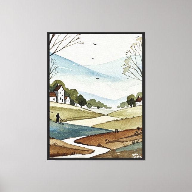 landscape of hills with small houses canvas print (Front)