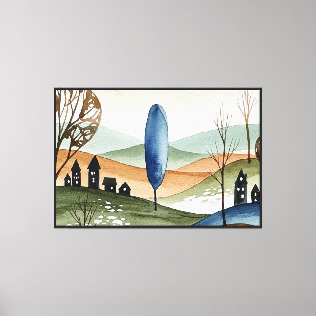 landscape of hills with small houses canvas print (Front)