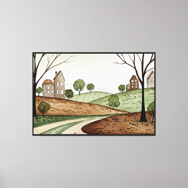 landscape of hills with small houses canvas print (Front)