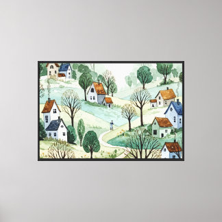 landscape of hills with small houses canvas print