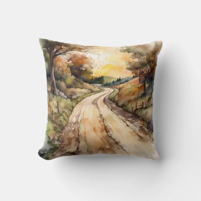 Landscape of Sunset Country Road Throw Pillow (Front)