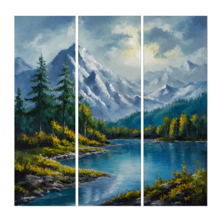 Landscape painting featuring river flowing ... triptych