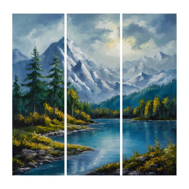 Landscape painting featuring river flowing ... triptych (Front)